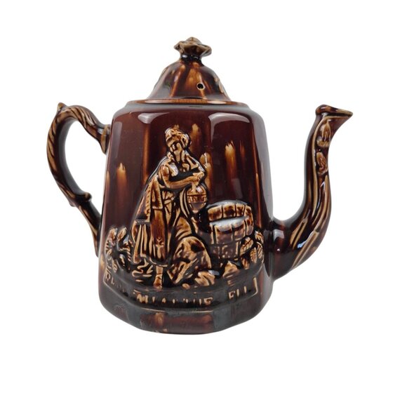 Vintage Rockingham Style Rebekah At The Well Coffee Tea Pitcher Brown Drip Glaze - Picture 1 of 10